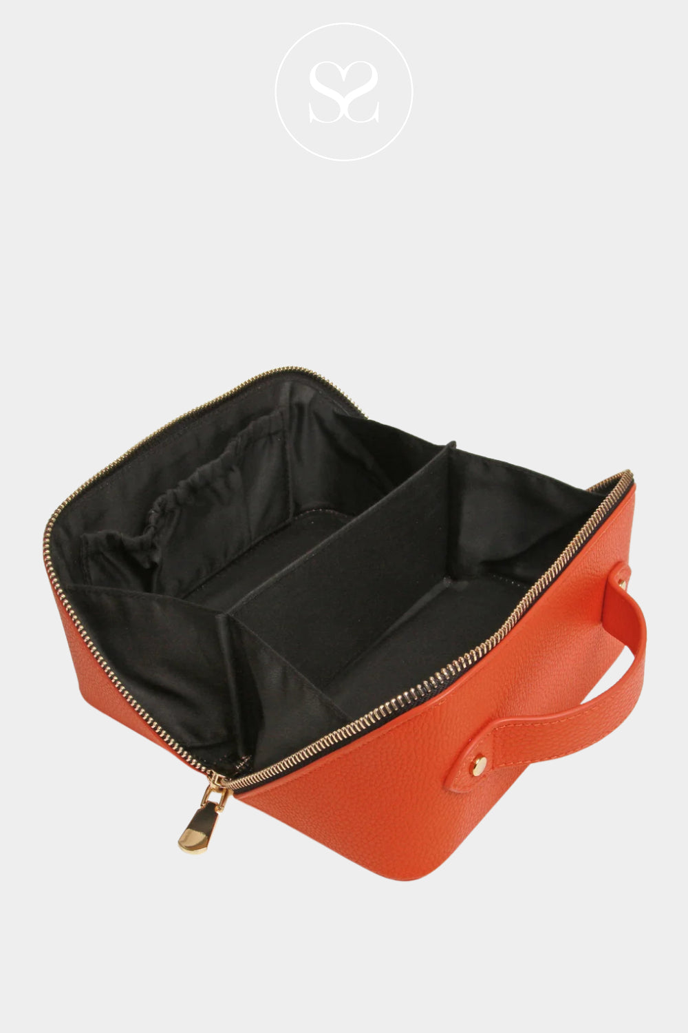 ALICE WHEELER ORANGE LEATHER MAKEUP BAG WITH SPACIOUS INTERIOR WITH SEPARATE COMPARTMENTS