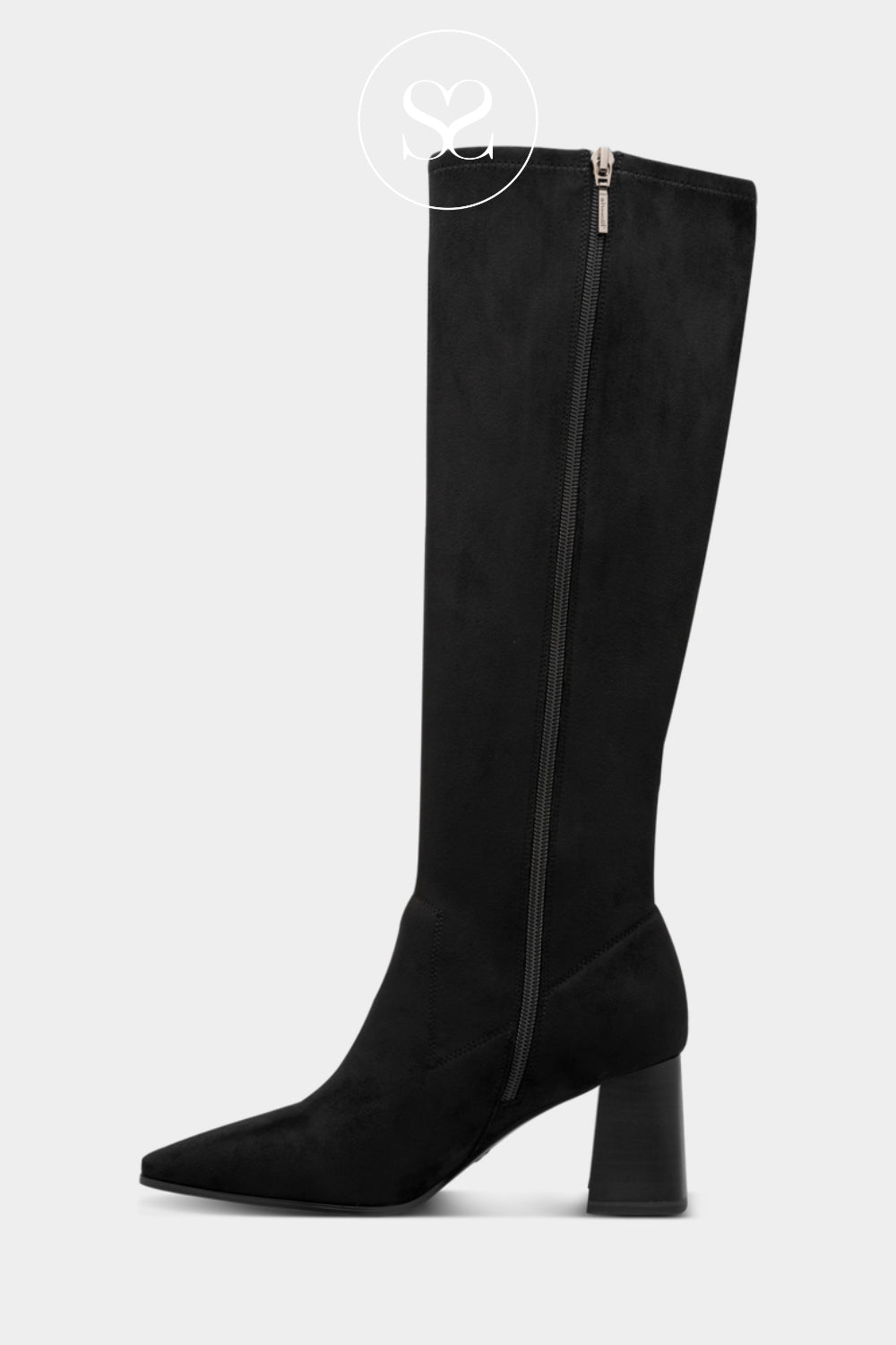 Black suede-look knee-high boots with a refined silhouette, subtle stitching detail and wearable mid-height heel for Women in Ireland