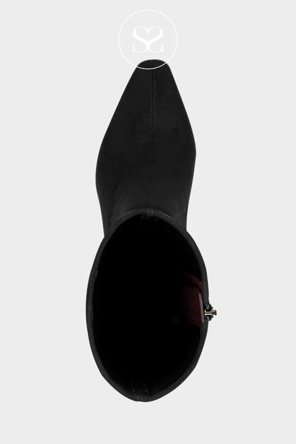 Pointed black dress boots with a tall slim shaft, soft finish and contemporary flared heel for a polished look.