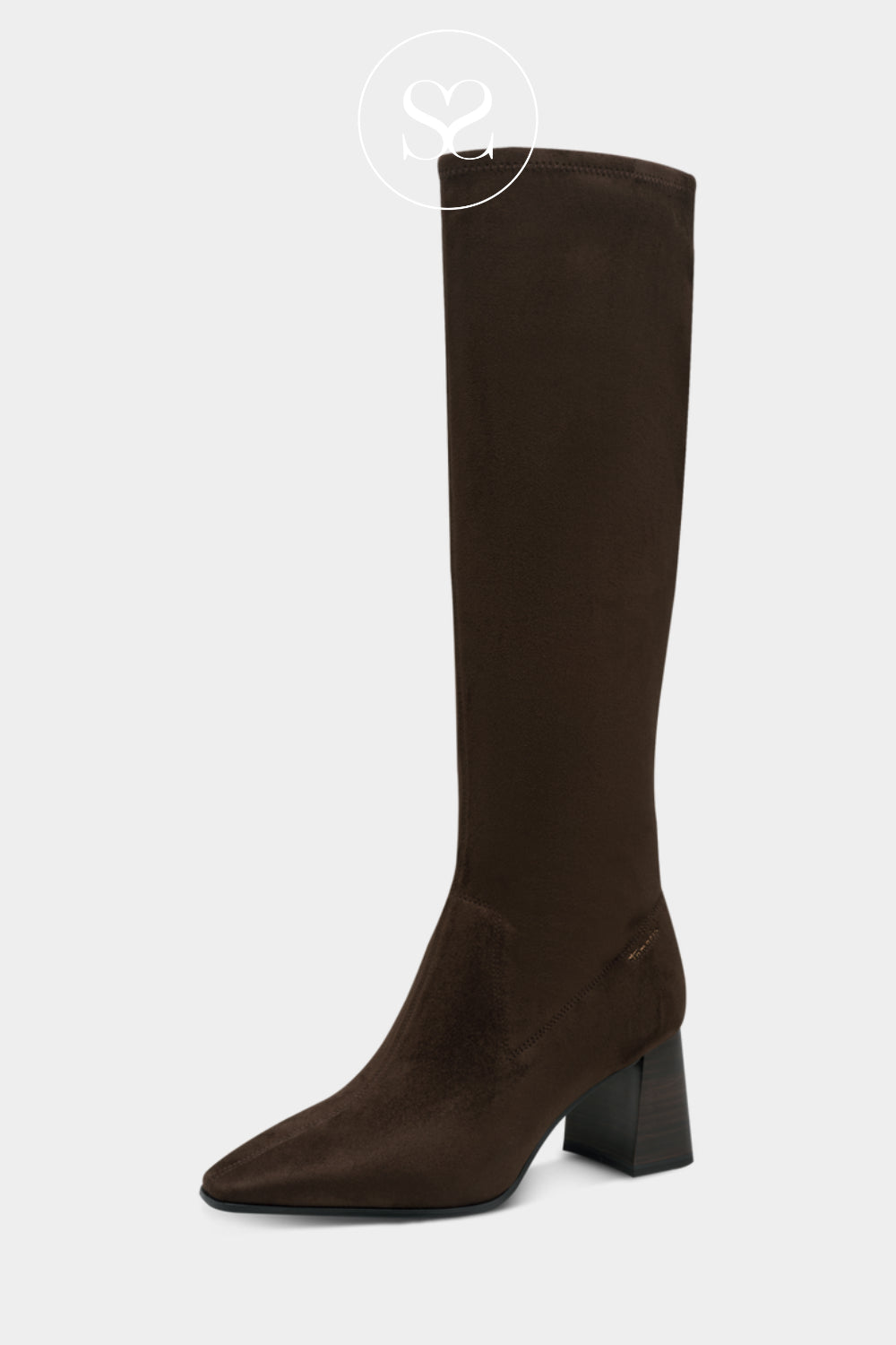 Classic chocolate knee-high heeled boots with a slim shaft, soft stretch-style upper and polished autumn-ready finish.