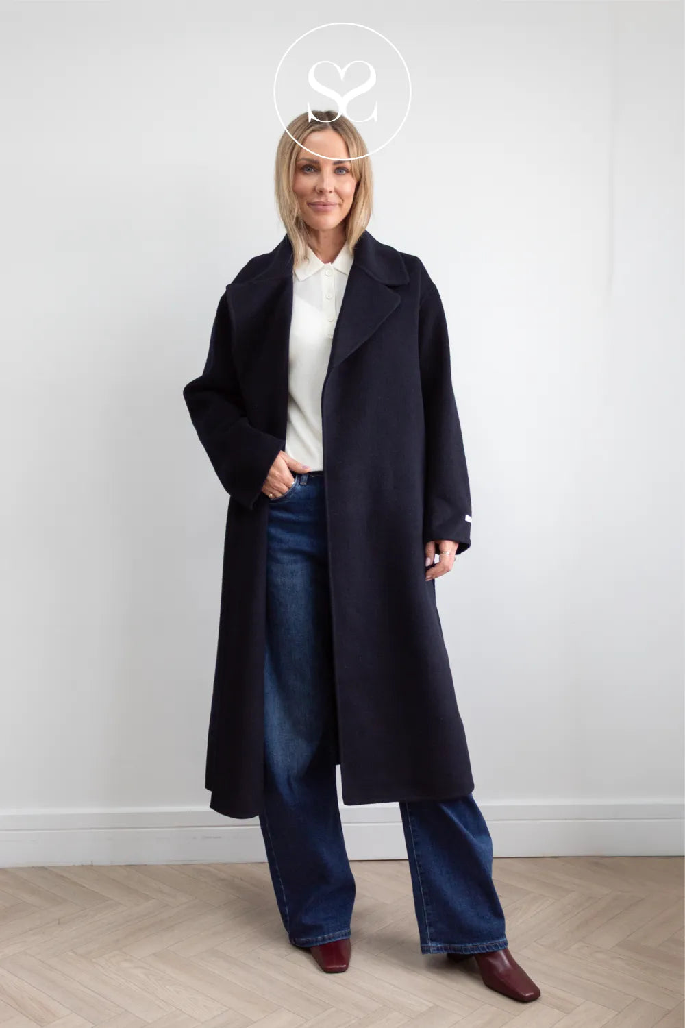 Dark Navy Wool Longine Coat- Celia
