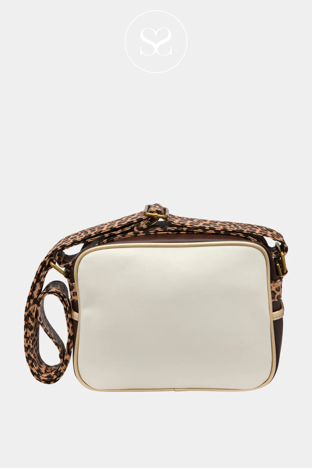Gola small cream crossbody bag with leopard print strap, zip pocket and gola logo across the bag. Sporty vibes.