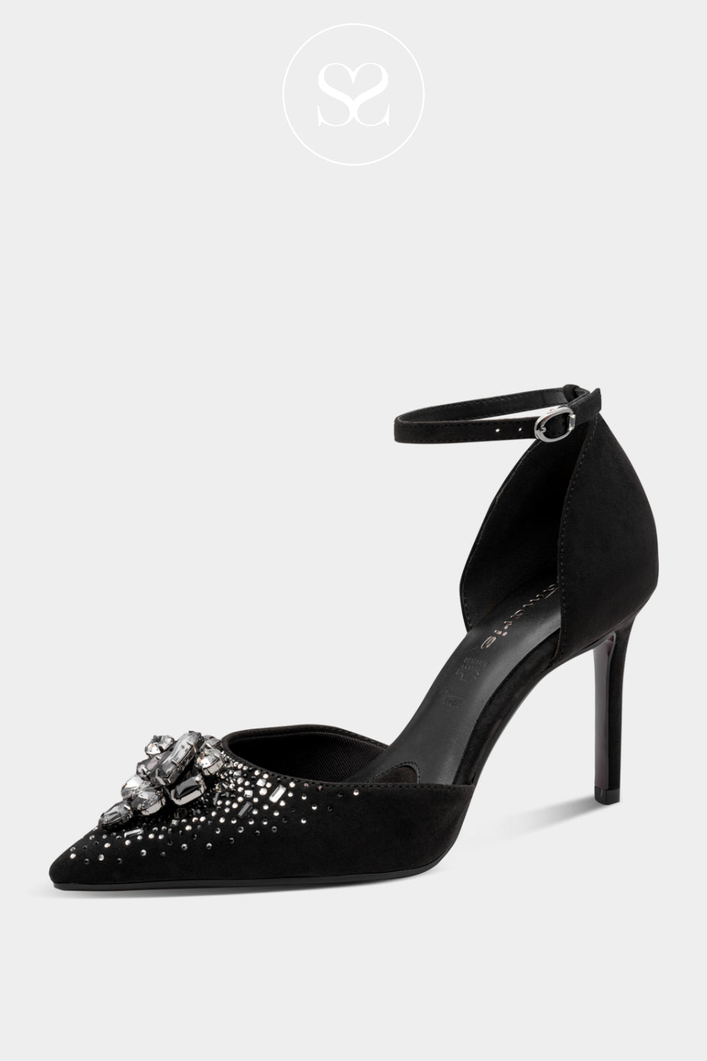 Black high-heeled shoe with floral embellishment and a wrap around ankle strap
