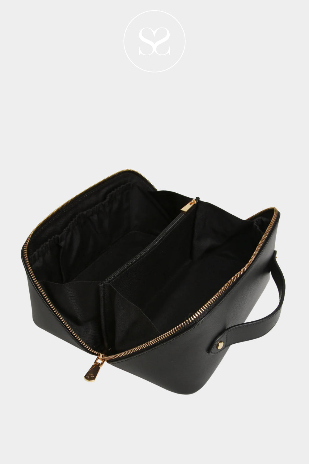 ALICE WHEELER BLACK LEATHER MAKEUP BAG WITH SPACIOUS INTERIOR WITH SEPARATE COMPARTMENTS
