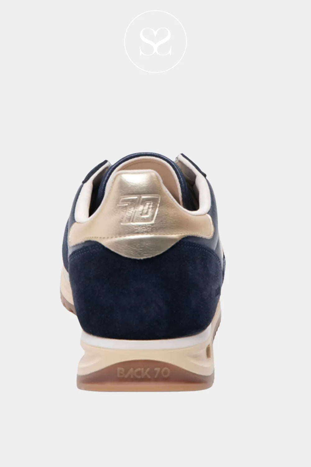 BACK70 NAVY LEATHER RETRO TRAINERS JOGGER FOR WOMEN WITH GOLD ETAIL HEEL AND SUBTLE '70' LOGO