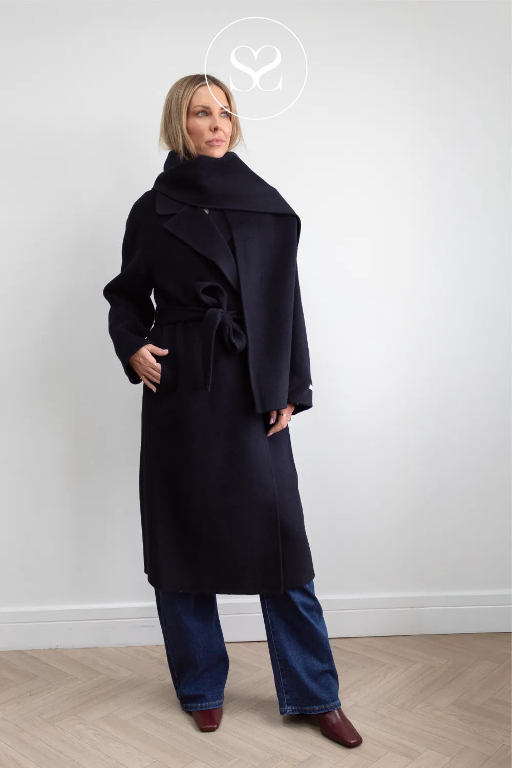 Dark Navy Wool Longine Coat- Celia