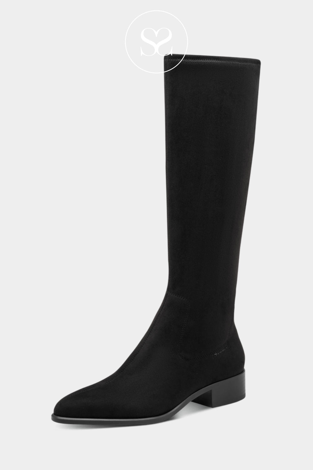Black flat knee-high boots with a soft stretch-style upper, rounded toe and low everyday heel.