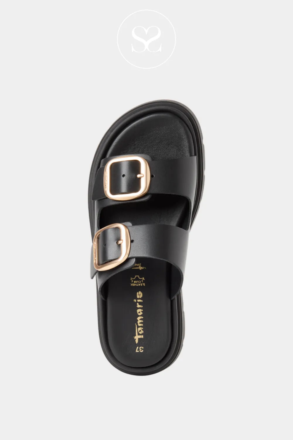 comfortable Black slider sandal with gold buckles on a white background