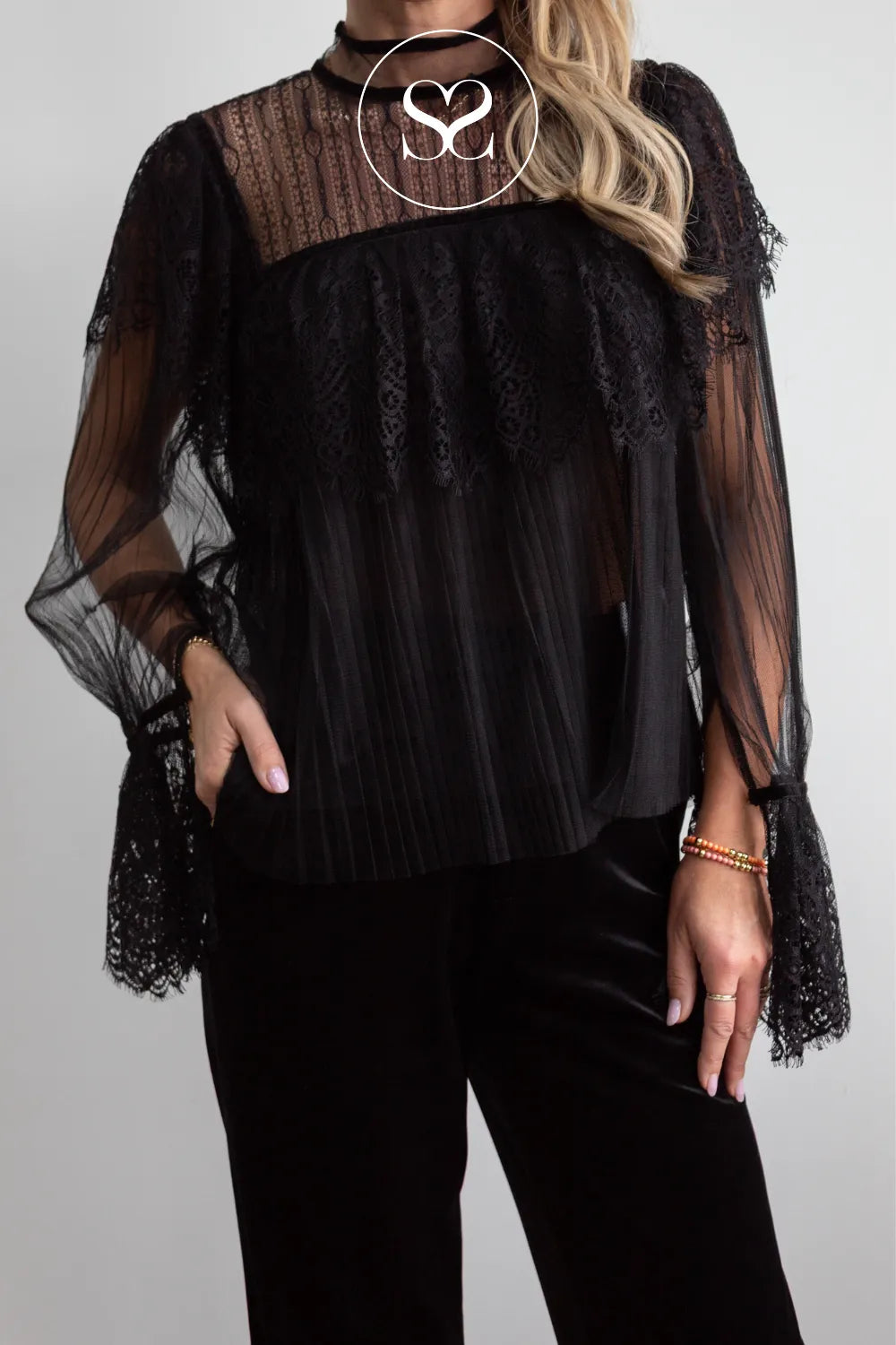 Black Lace and Pleated Tulle Blouse — 81067