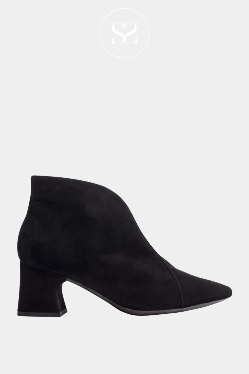 WONDERS BLACK SUEDE POINTED TOE BLOCK HEEL ANKLE BOOTS I-9013 FOR WOMEN WITH V CUT DESIGN AND POINTED TOE