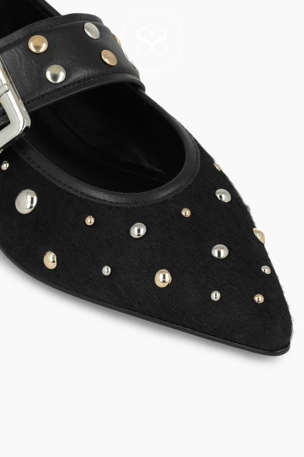 LODI BLACK PONY FUR POINTED TOE PUMP - A-ISQ5670P FOR WOMEN WITH METAL STUD DETAIL AND POINTED TOE