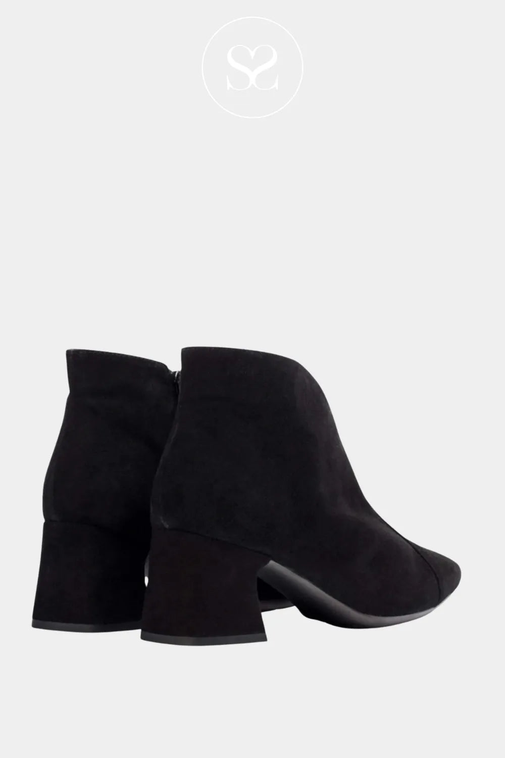 WONDERS BLACK SUEDE POINTED TOE BLOCK HEEL ANKLE BOOTS I-9013 FOR WOMEN WITH SOFT LEATHER INNER AND BLACK SUEDE OUTER