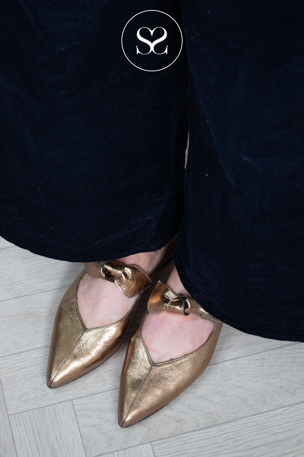 golden pointed toe pumps for women from Wonders available in Ireland