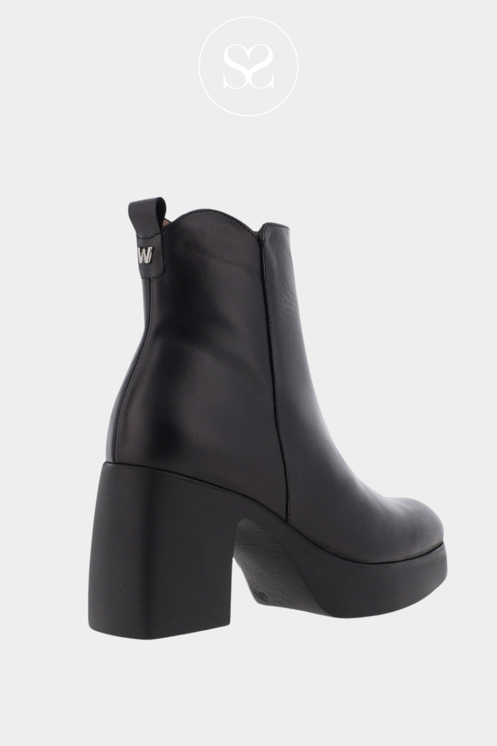 WONDERS BLACK PLATFORM BLOCK HEEL ANKLE BOOTS H-4981 WITH SUBTLE 'W' LOGO IN SILVER