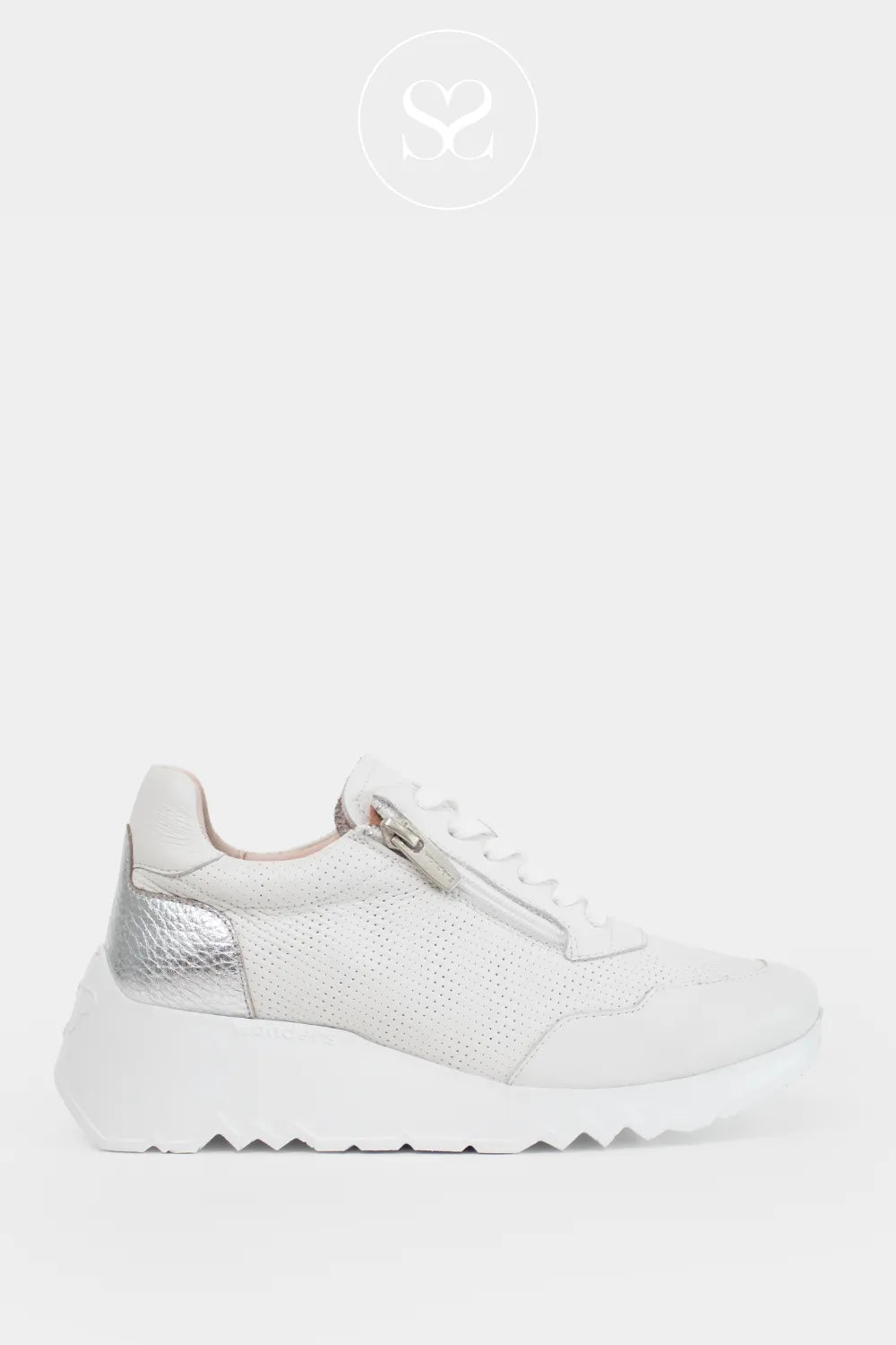 Wonders white wedge trainers with laces and side zip. Elevated sole. Metallic silver on the heel.