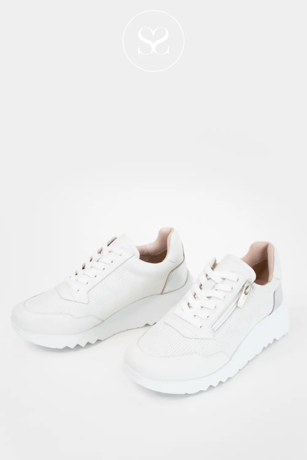 White comfortable leather trainers with laces and side zip. Summer trainers. Lightweight sneakers.