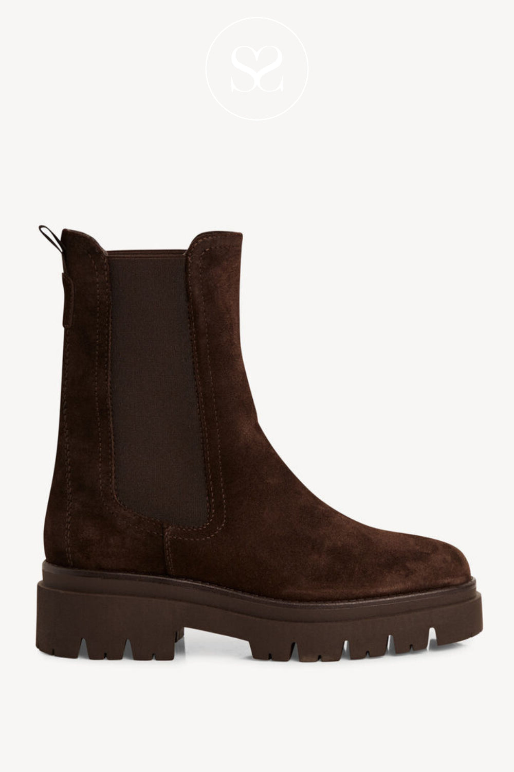 Tamaris chocolate brown suede round toe chunky chelsea boots. Pull on style with round toe.