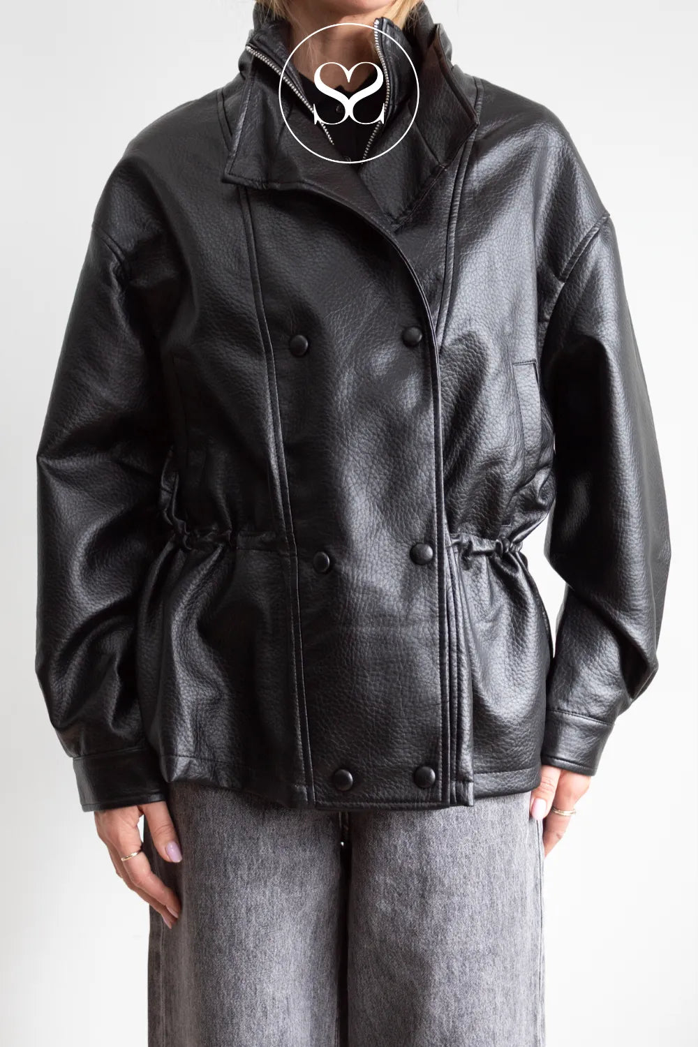 Black Double Breasted Leather Jacket- CV2213