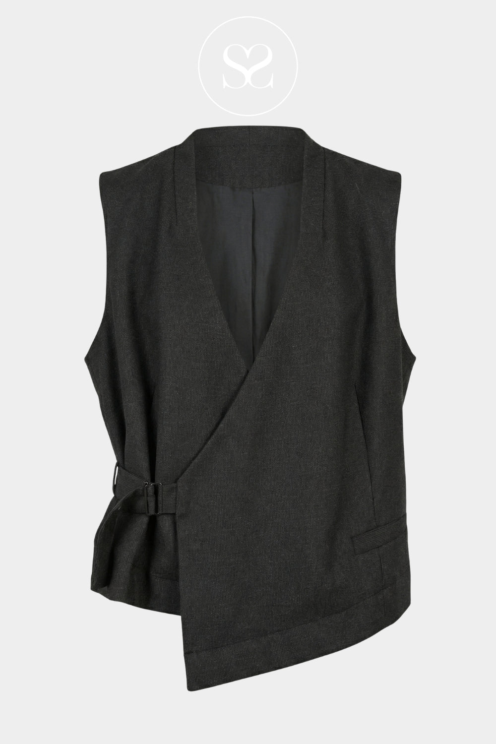 A dark charcoal gray wrap vest with a belted waist and asymmetrical hem, displayed on a light gray background with a faint circular logo at the top.