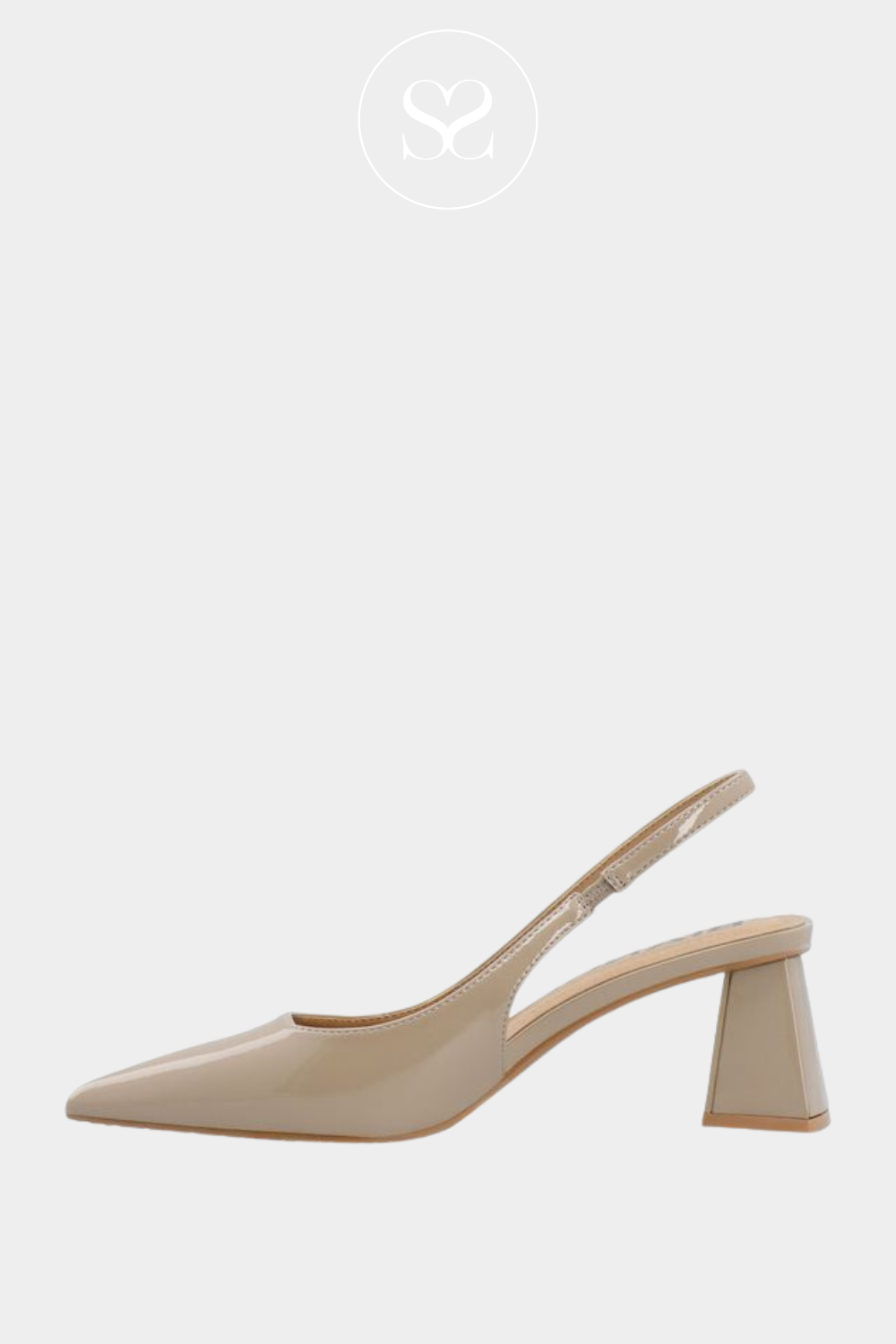 Neutral taupe patent pointed toe slingback heels with block heel and cushioned sole.