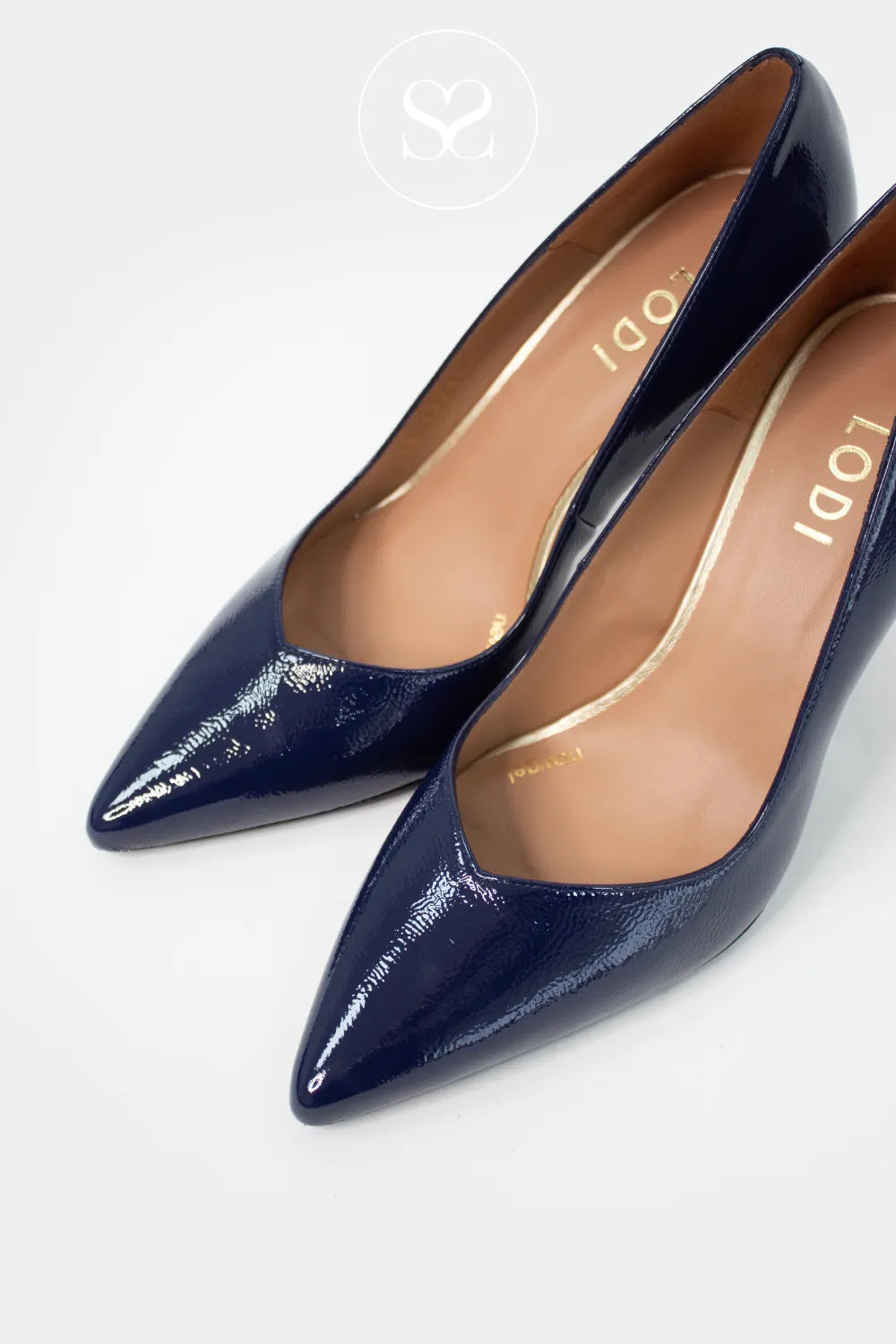 LODI NAVY PATENT HIGH HEEL POINTED TOE COURT SHOES