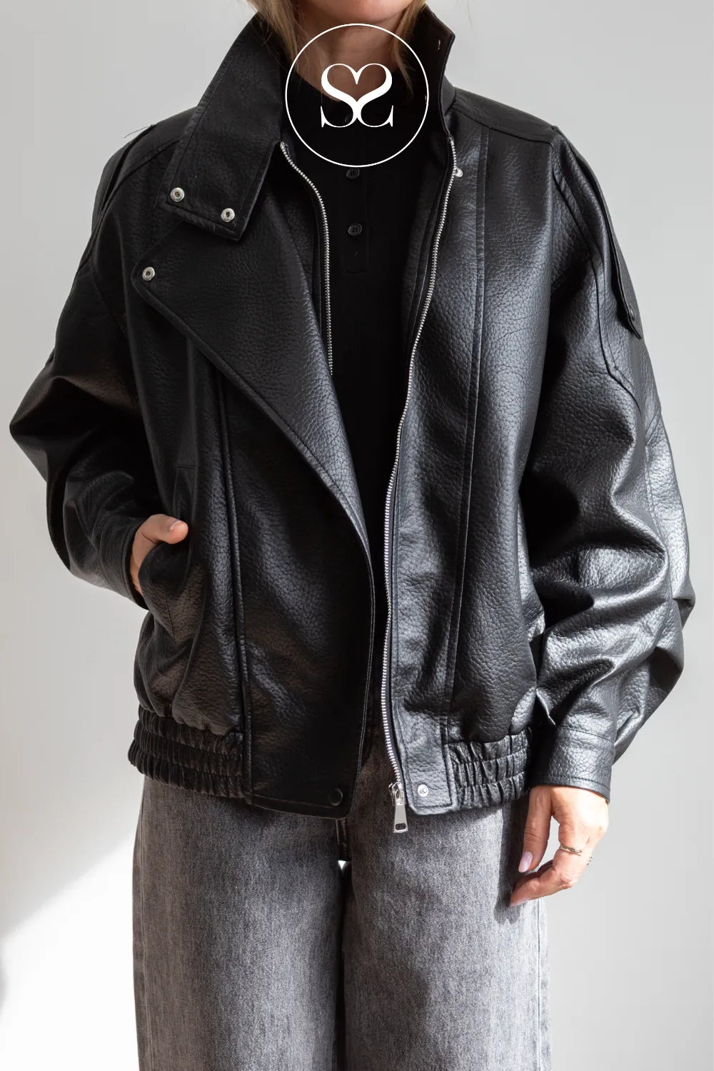 Black Funnel Neck Leather Jacket -CV2200