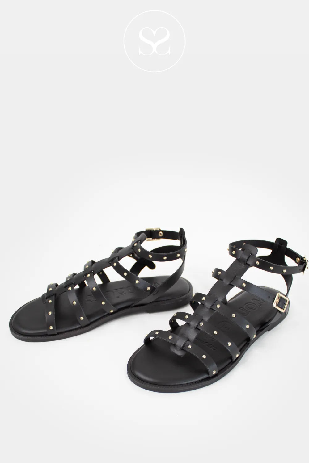 Flat black leather sandals with gold hardware. Gladiator strappy sandals. Leather cushioned sandals