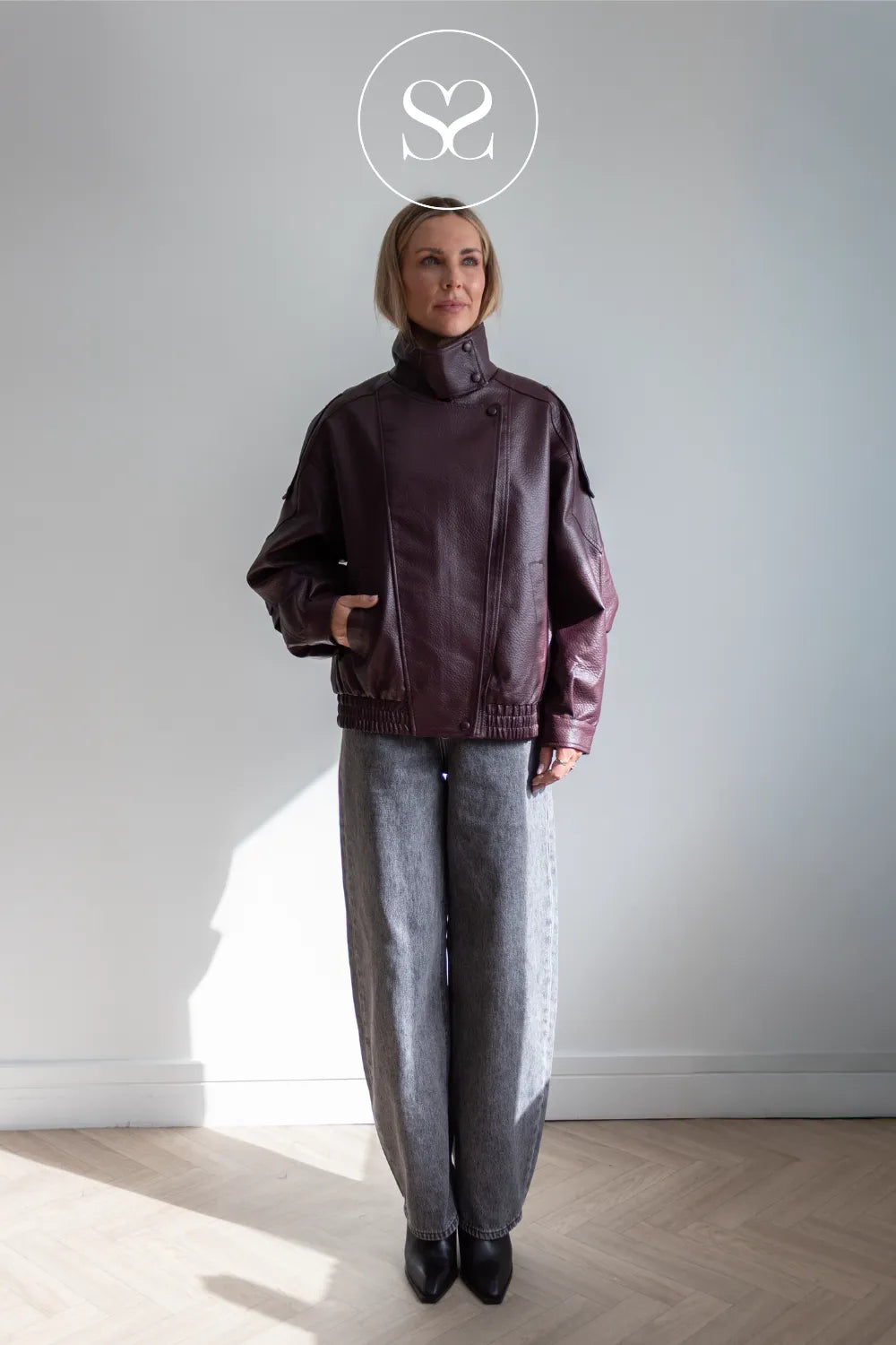 Burgundy Funnel Neck Leather Jacket - CV2200