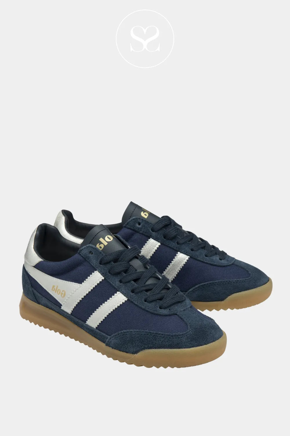 GOLA TORNADO NAVY AND SILVER GUM SOLE SPORTY SNEAKERS FOR WOMEN WITH NAVY SUEDE TOE CAP