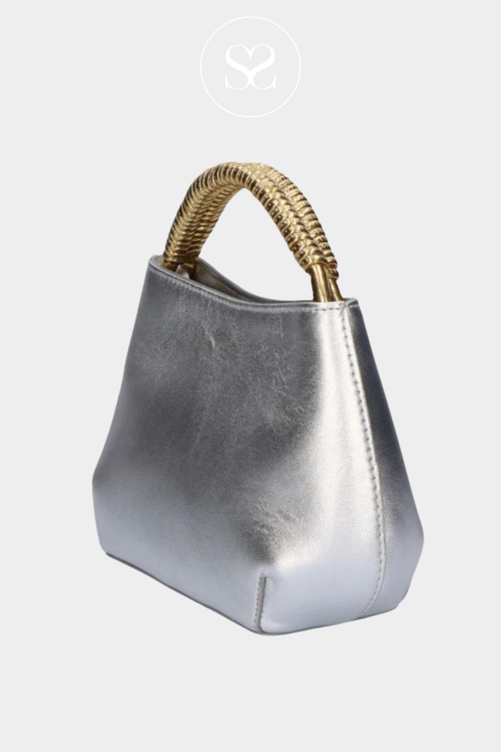 UNISA ZADI SILVER LEATHER BUCKET BAG WITH GOLD COIL HANDLE