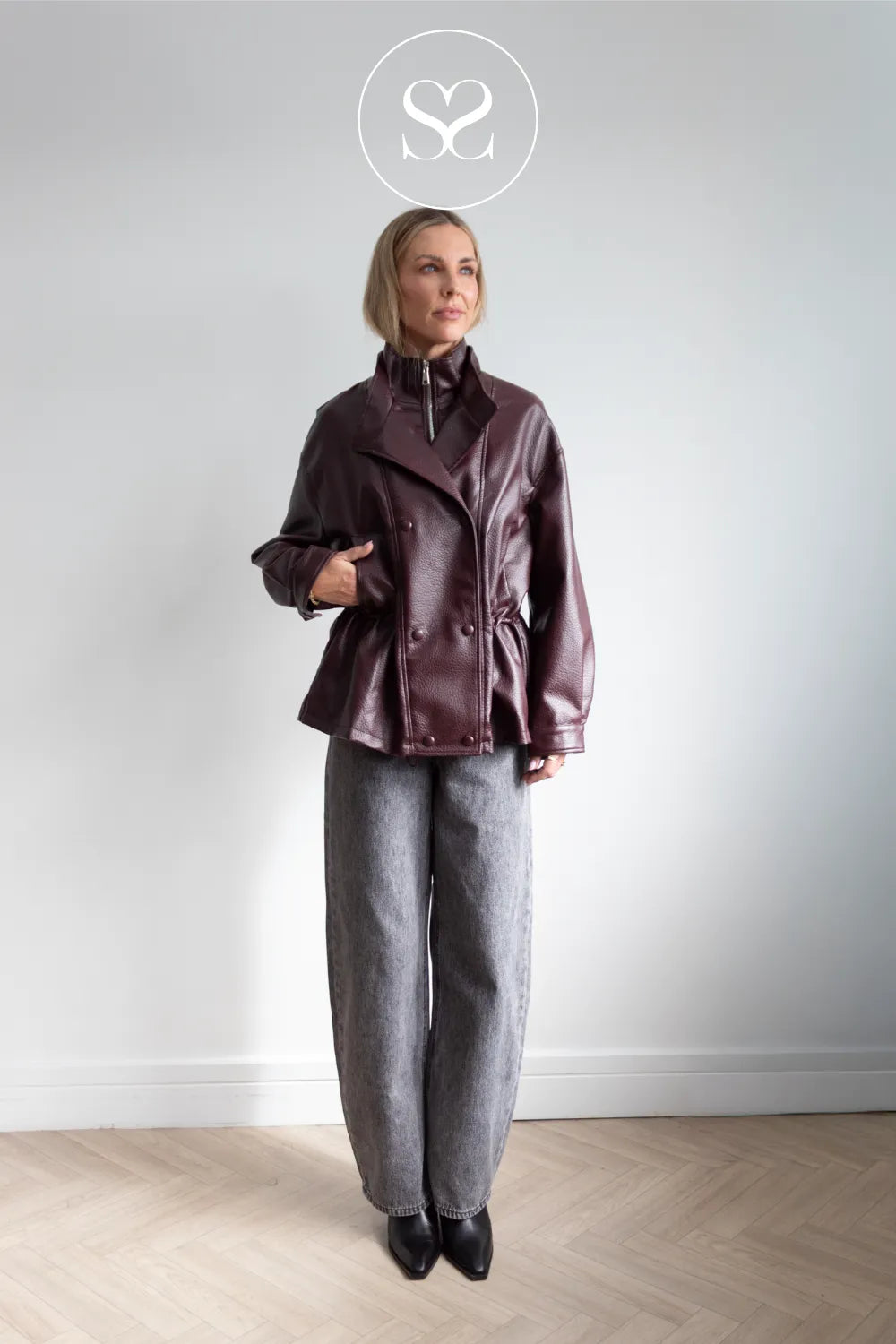 Burgundy Double Breasted Leather Jacket - CV2213