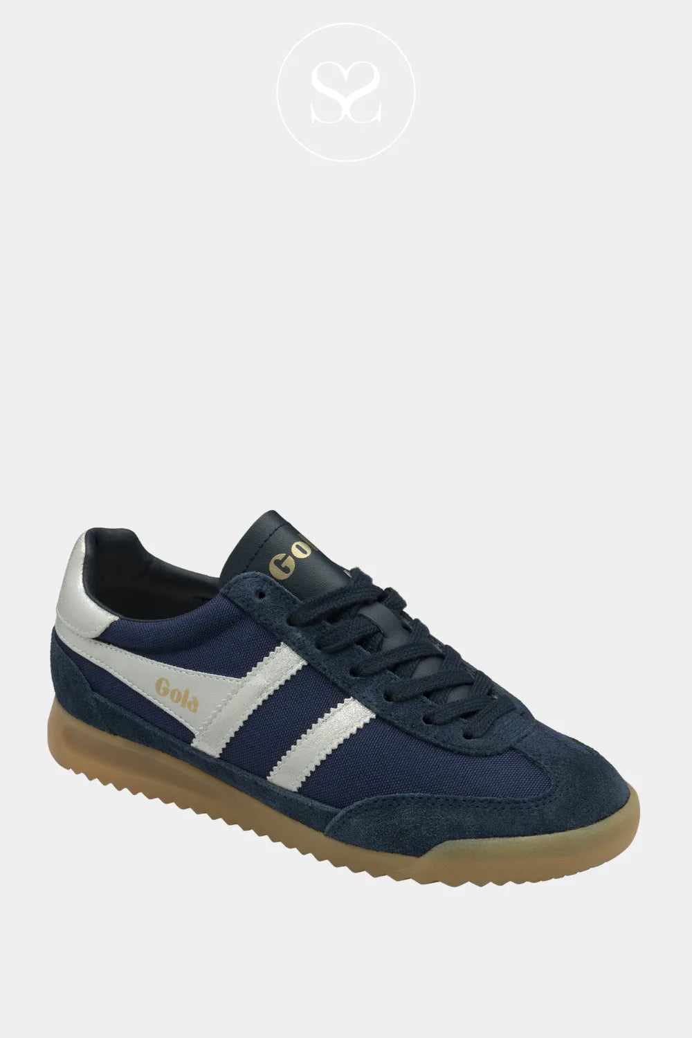 GOLA TORNADO NAVY LEATHER LACE UP TRAINERS WITH SILVER DETAILS AND NAVY LACES FOR CLOSURE