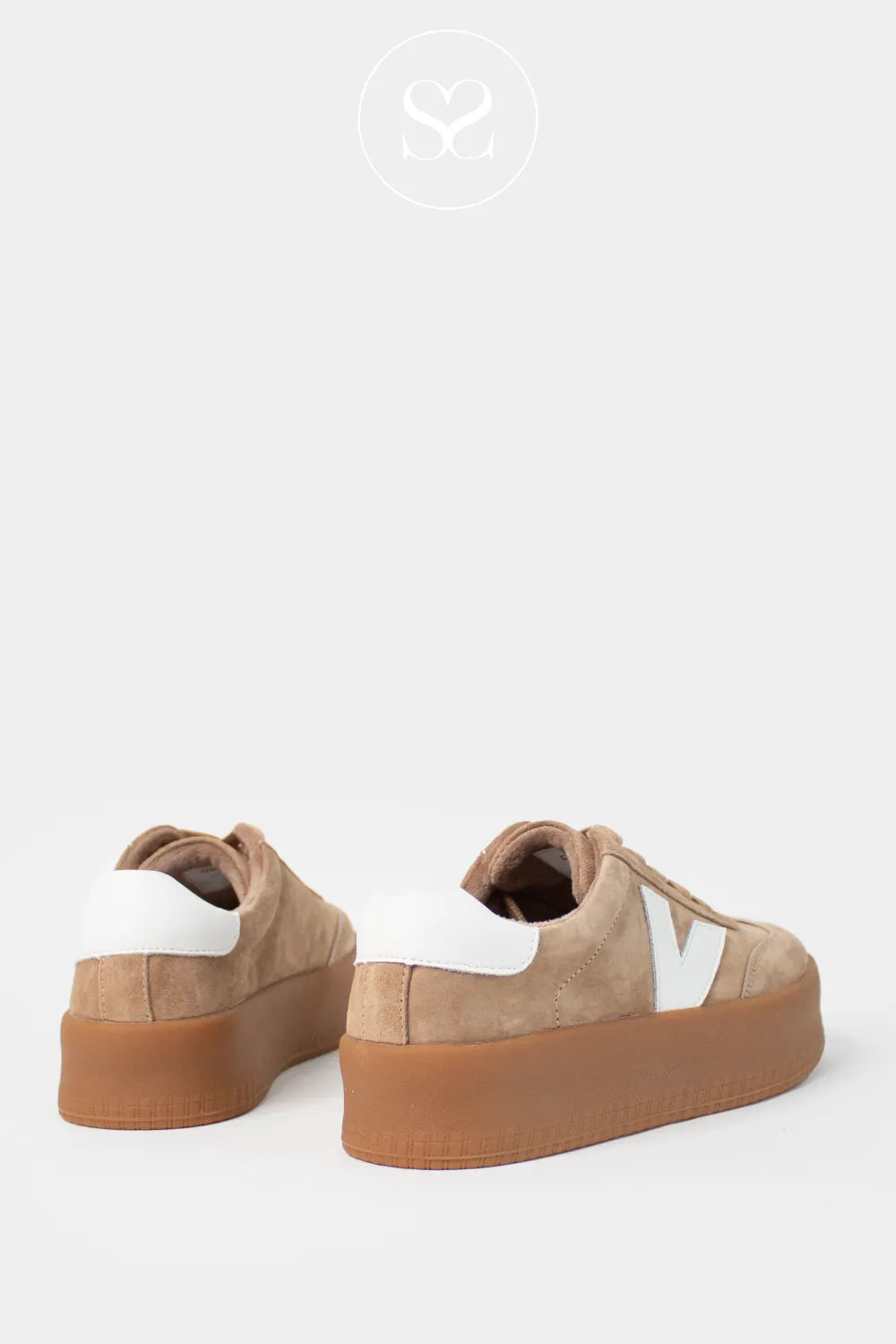 DRILLEYS CAMEL (DESERT SAND) CHUNKY FLATFORM TRAINERS - EIGHTY FOUR FOR WOMEN WITH SIGNATURE WHITE V LOGO AND WHITE TOE CAP