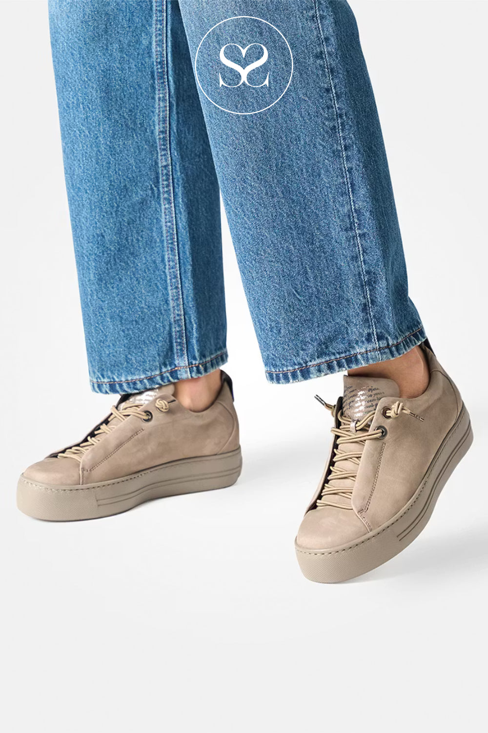 Comfortable beige paul green trainers with chunky platform sole and elasticated laces