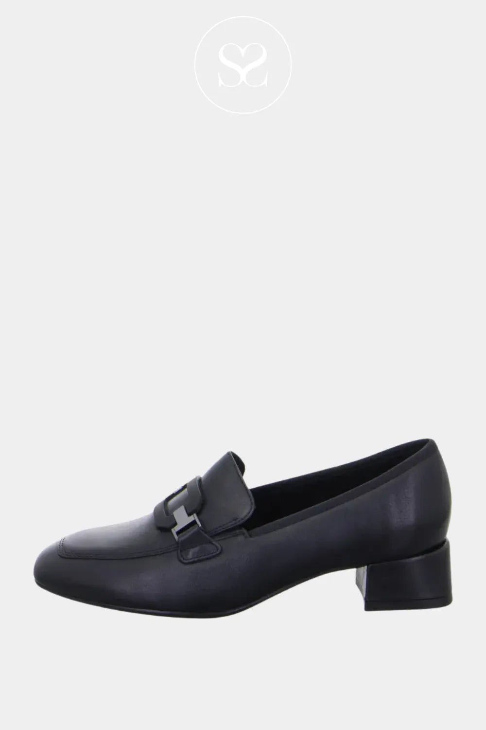 ARA BLACK LEATHER BLOCK HEEL LOAFER 12-20432 SLIP ON STYLE LOAFER WITH REMOVABLE INSOLE
