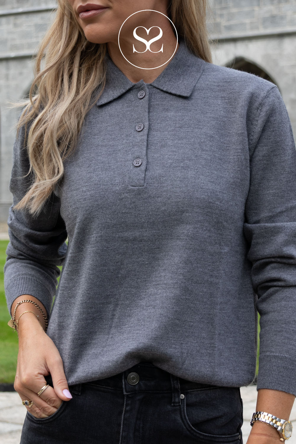 Grey Merino Wool Long Sleeve Polo — ME202616L