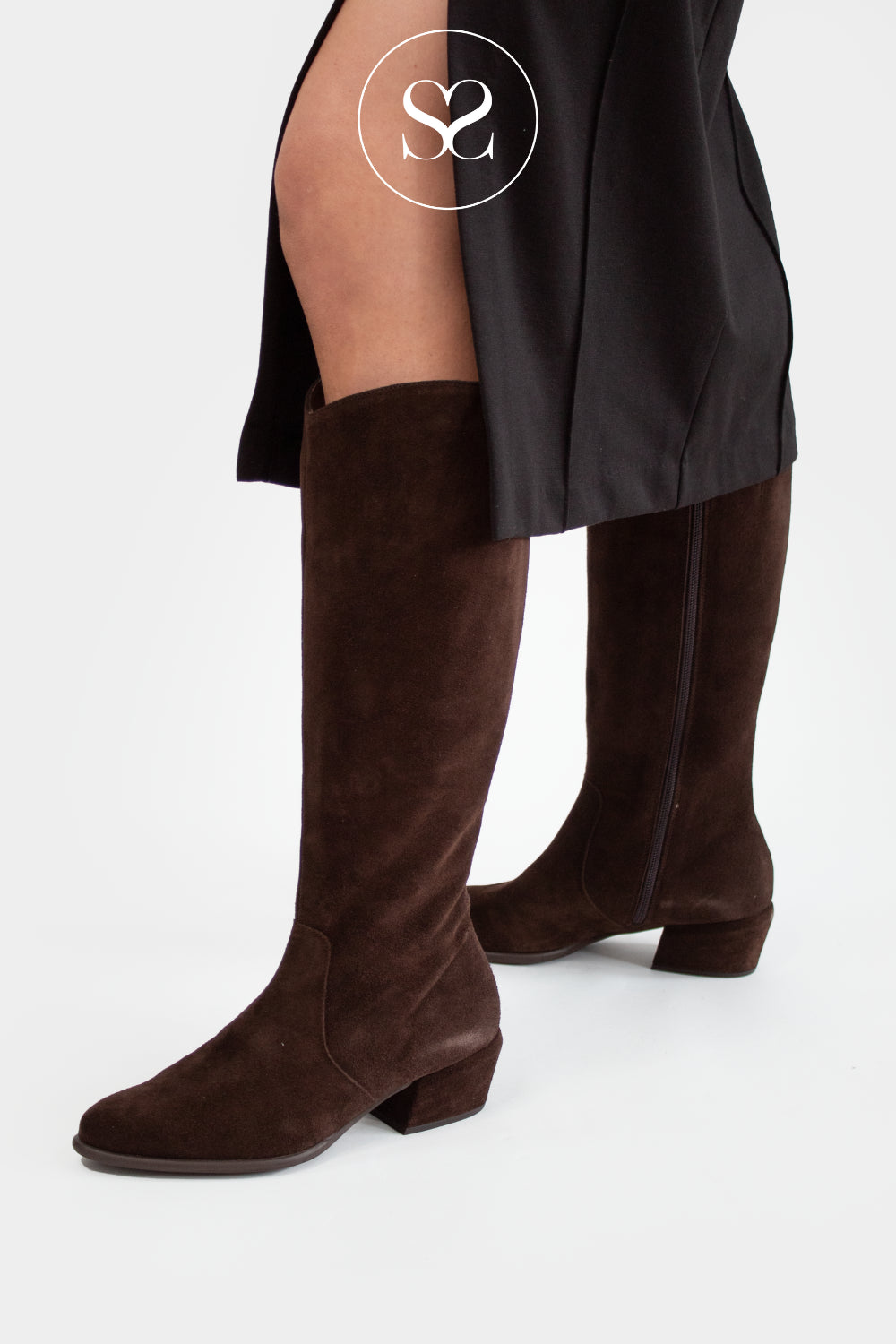 WONDERS BROWN SUEDE WESTERN STYLE POINTED TOE KNEE HIGH BOOTS D-2003