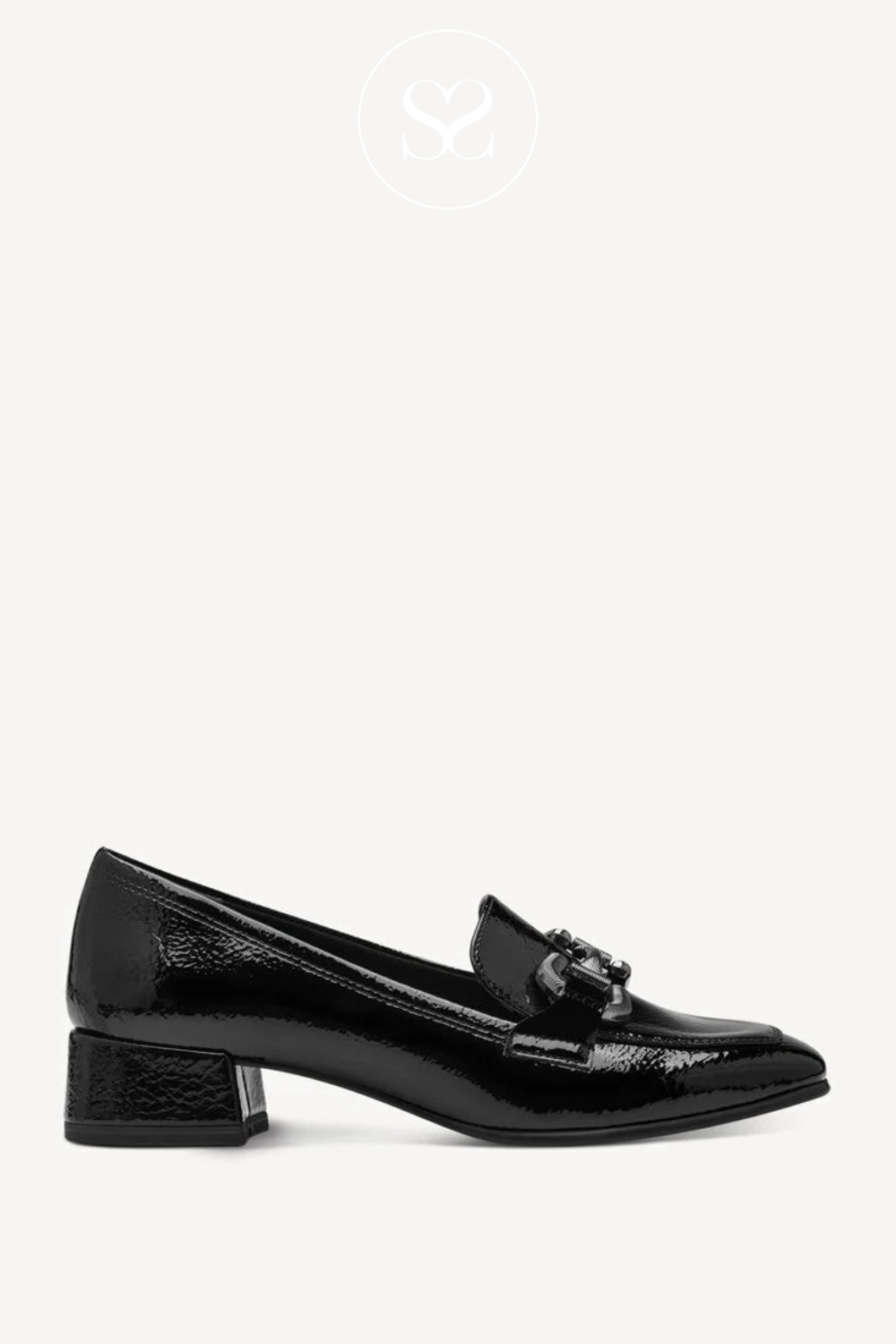 Tamaris 1_24316 black patent low block heel slip on loafers. Workwear. Chain detail. Comfortable work shoe. Office wear.