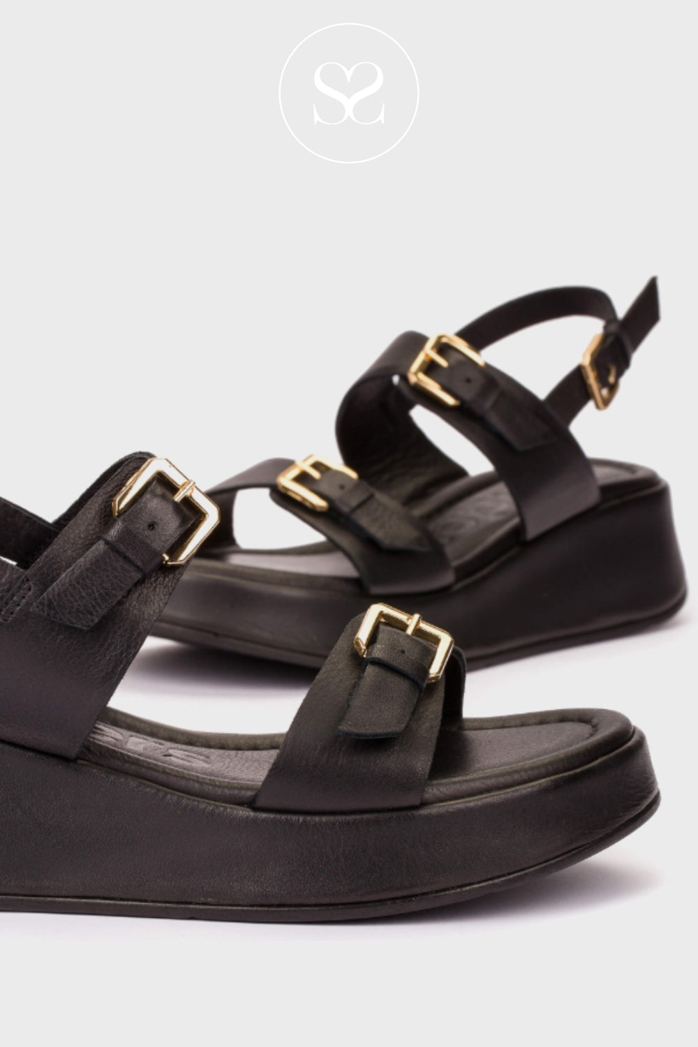 Wonders Black Wedge Sandals - AT-1057