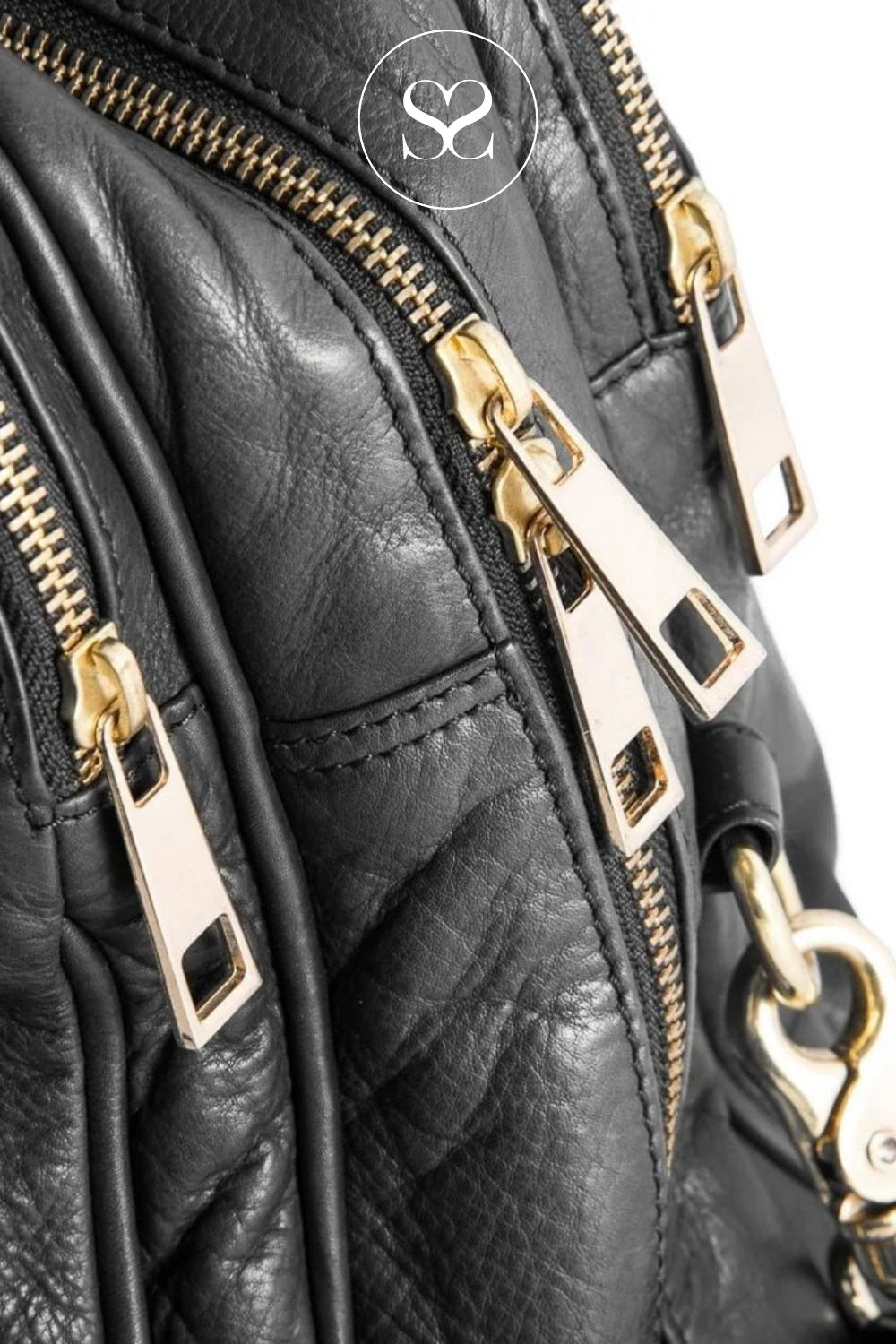 Black leather bag with gold zippers on a white background