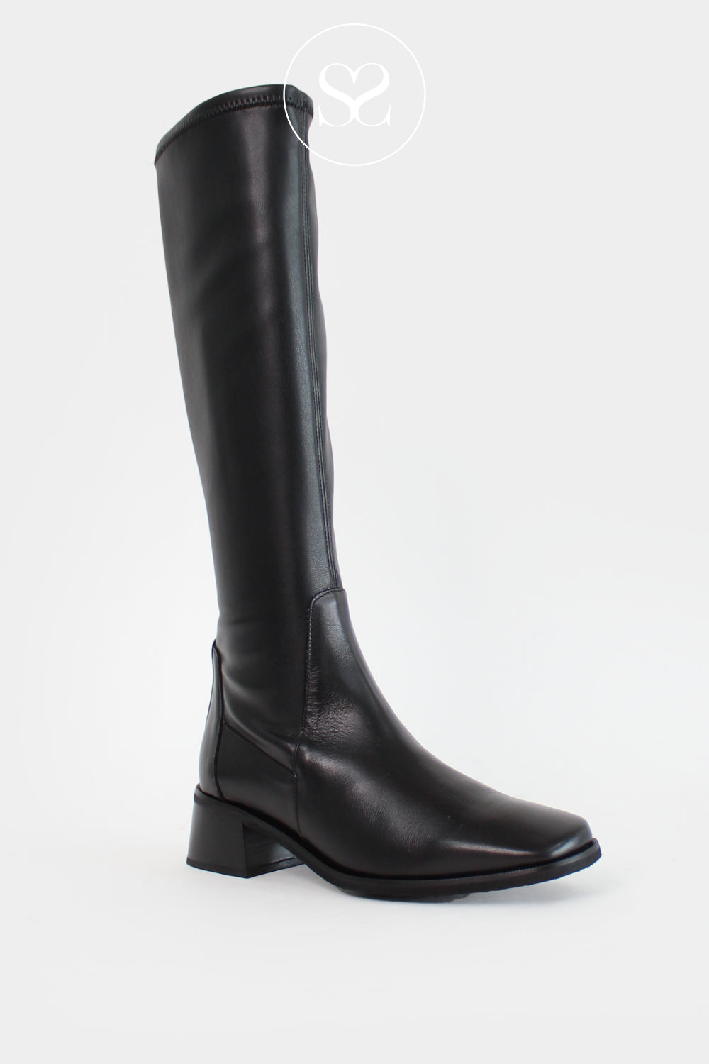 WONDERS BLACK STRETCH BLOCK HEEL KNEE HIGH BOOTS D-1603