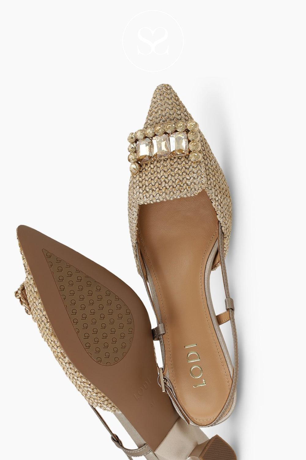 comfortable gold woven kitten heels from lodi with rhinestone buckle detail