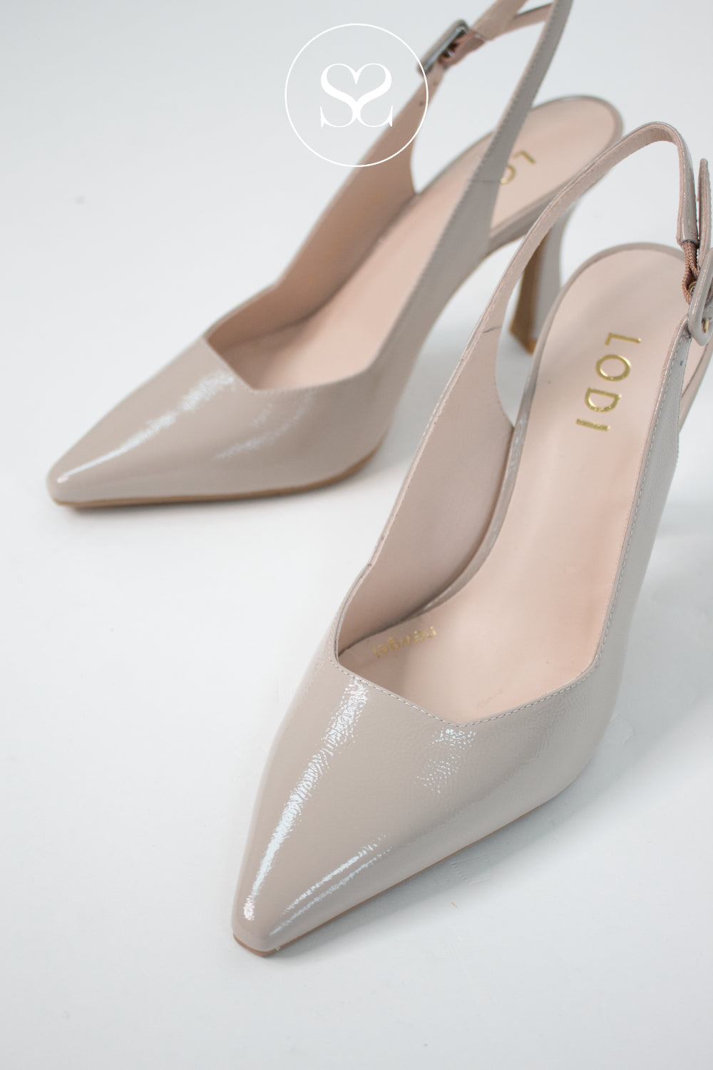 Lodi Taupe Patent High Heeled Slingback - Modern