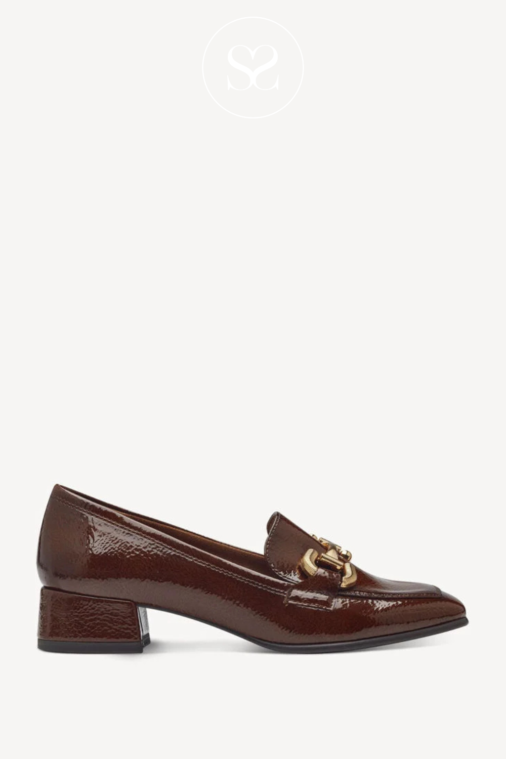 Tamaris brown patent square toe slip on loafers. Low block heel. Comfortable work shoe. Gold chain detail.