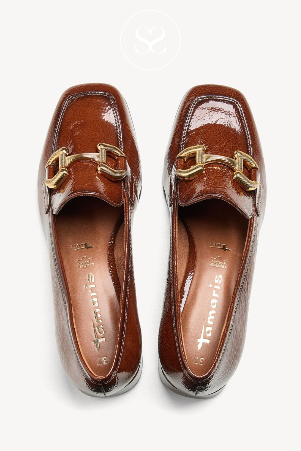 Dark tan shiny shoes. Brown and gold loafers with block heel. Low heel. Workwear shoe. Leather lined.