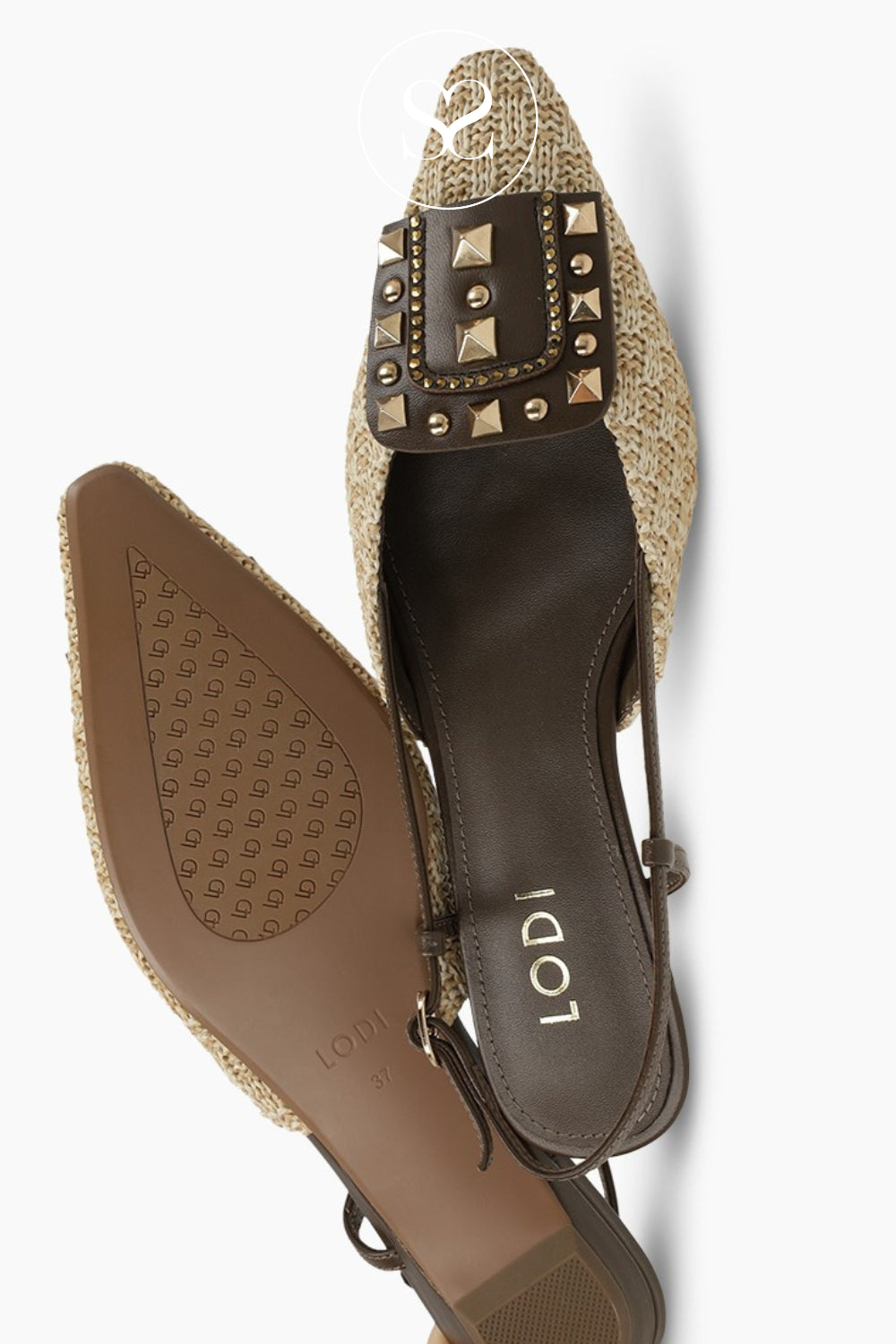 brown woven lats with slingback and gold studded buckle from Lodi in Ireland