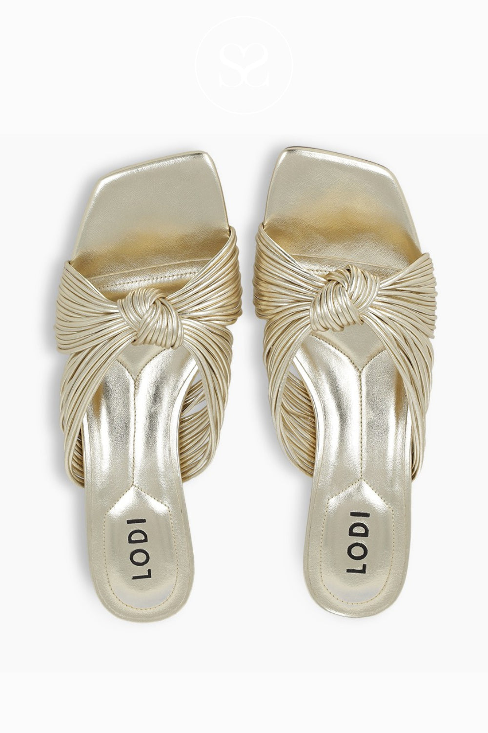 Pair of gold knot slider sandals with 'LODI' branding on a white background