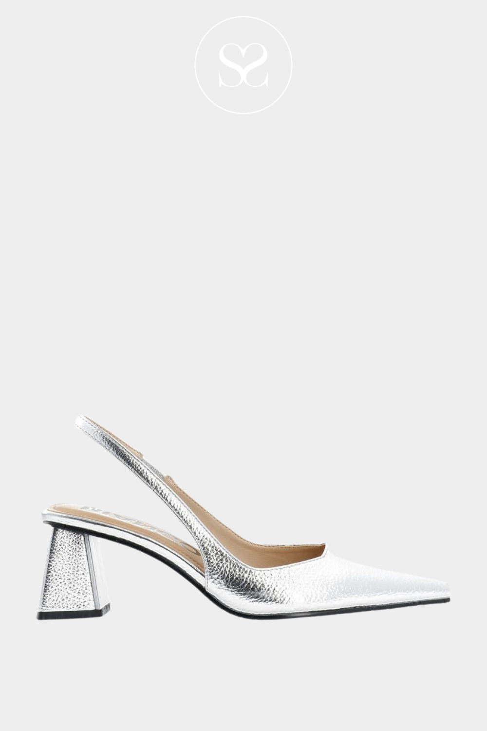 Bianco silver pointed toe slingback block heels with elasticated slingback and cushioned sole.