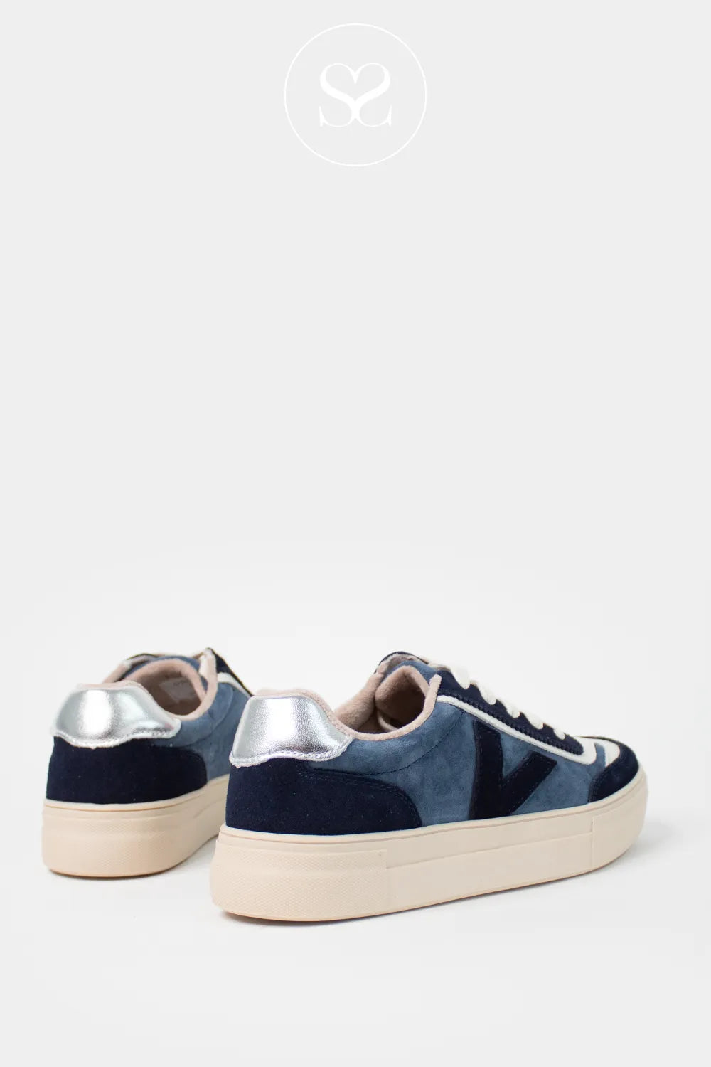 DRILLEYS DENIM BLUE (ROYAL) FLATFORM LACE UP TRAINERS EIGHTY for women with metallic silver heel cap detail and platform gum sole