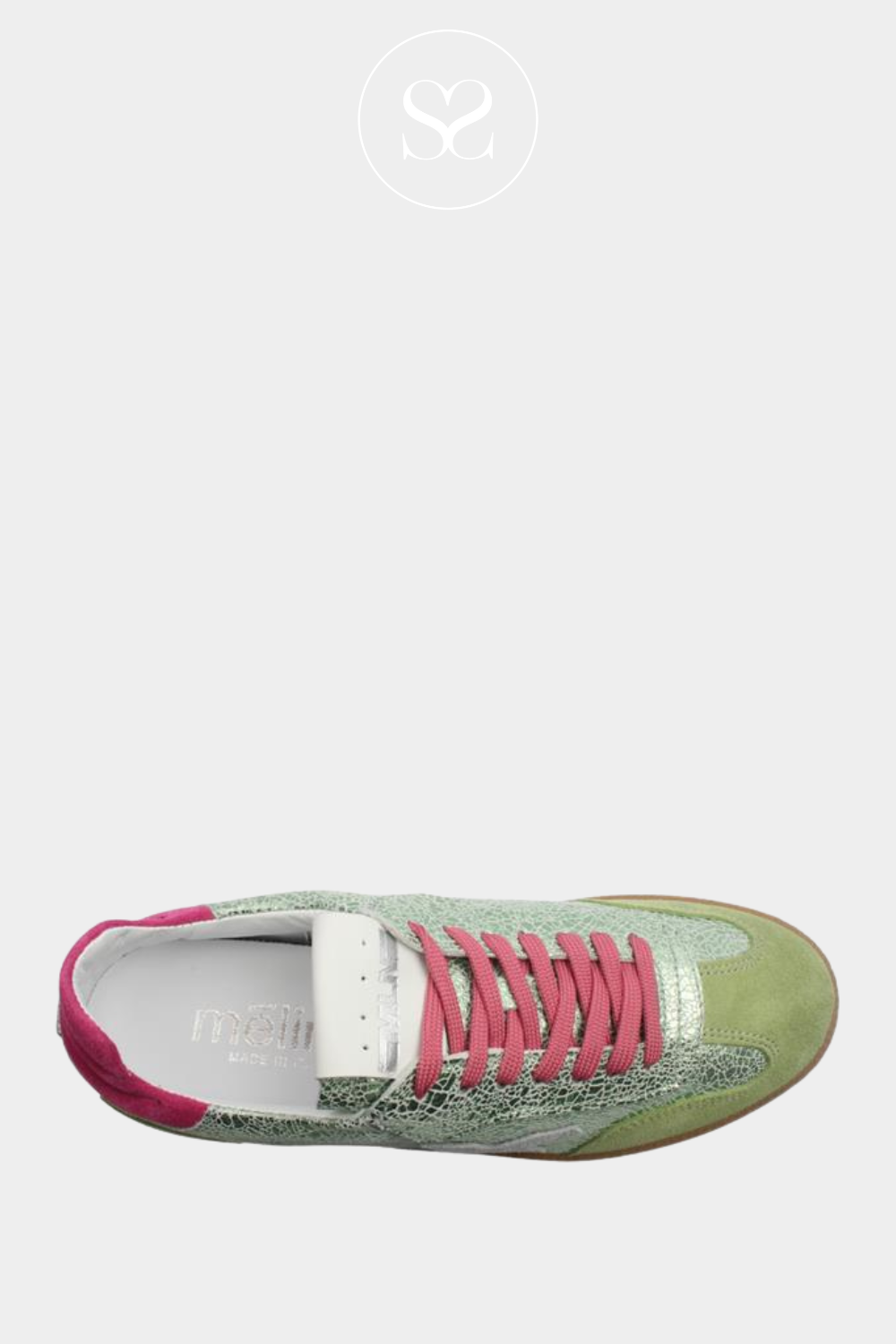 MELINE CRACKLED MINT GREEN AND OLIVE LOW PROFILE TRAINERS WITH PINK LACES AND HEEL CAP